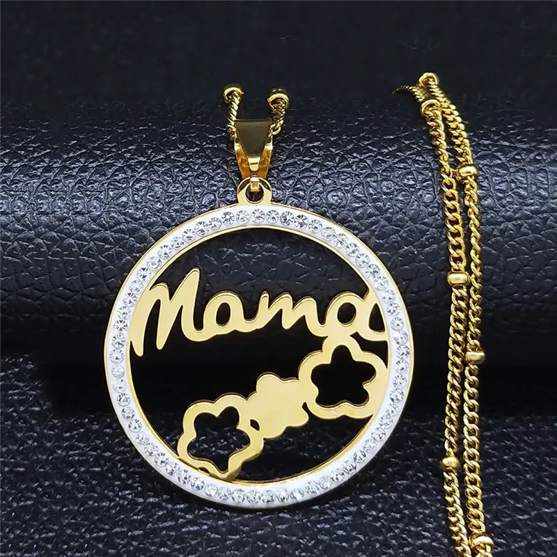 Cadeau de fête des mères en acier inoxydable creux petite fleur maman pendentif collier mode exquis titane acier rond coeur charme