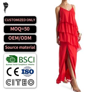 Nuevo Vestido Maxi de Chifón con Volantes en Capas, Cuello en V y Tirantes Finos, Elegante Vestido de Fiesta con Abertura para Mujer - Product Image 1