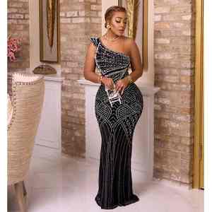 Vestido Largo de Lujo de Marca Famosa con Bordado de Diseñador para Fiesta/Club, con Cuello Asimétrico y Diamantes Termoadhesivos, para Mujer - Product Image 3