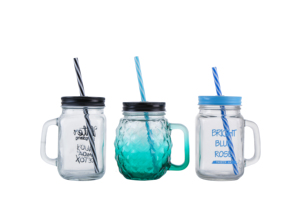 Customized Clear 16 oz 500ml Glass <strong>Wide</strong> <strong>Mouth</strong> <strong>Mason</strong> <strong>Jar</strong> with Aluminum Cap Straws and Handle for Juice Tea Soda Water - Product Image 3