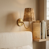 Applique murale en laiton Jingshi avec abat-jour rond tressé, lumière chaude à intensité variable pour la décoration intérieure