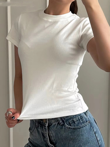 T-shirts courts basiques pour femmes été O cou haut en coton mince t-shirts Streetwear à manches courtes blanc élastique T-<span class=keywords><strong>shirt</strong></span> <span class=keywords><strong>femme</strong></span> <span class=keywords><strong>noir</strong></span> - Product Image 4