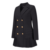 Jupe trapèze TKAN728 pour femme, automne/printemps, à double boutonnage, col à revers, taille plissée, avec fermeture à bouton unique et poches décorées