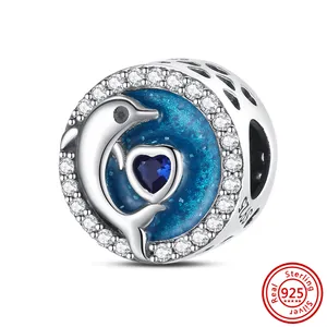925 Sterling Bạc Đại Dương Phong Cách Cá Cá Cá Heo Nàng Tiên Cá Vỏ Hạt Màu Xanh CZ Mặt Dây Chuyền Charms Phù Hợp Ban Đầu Pan Vòng Đeo Tay Tự Làm Đồ Trang Sức - Product Image 6