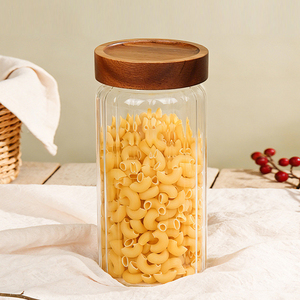 Botellas de Vidrio Transparente con Nervaduras y Tapas Herméticas de Madera de Acacia, Aptas para Lavavajillas, Frascos de Vidrio Borosilicato para Almacenamiento de Alimentos - Product Image 1