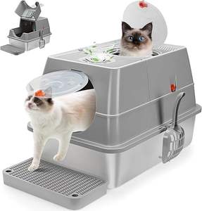 Caja de Arena para Gatos de Gran Capacidad, Ecológica, Cubierta de Acero Inoxidable, con Cierre Abatible de 180°, Bandeja de Borde Alto con Escalones y Pala - Product Image 1