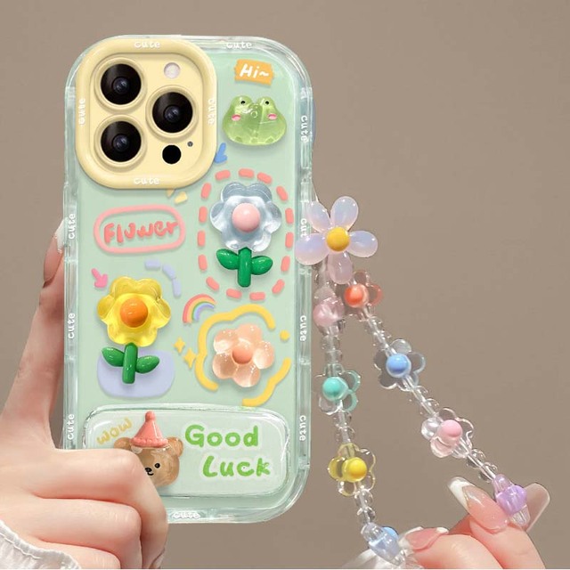 New Cartoon Cute 3D Flower Animal Frog Jelly Phone case for iPhone 16 15 14 13 12 Pro Max with Invisible Bracket Bracelet Cover
