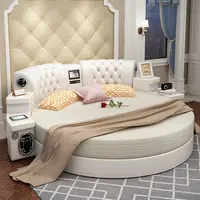 Muebles de dormitorio de cuero de diseño europeo, cama inteligente redonda con plataforma King Size