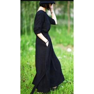 Noir couleur unie dames été bouton ample décontracté sans manches vêtements col carré croix Midi noir lin coton femmes robe - Product Image 2