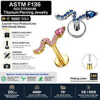 Perhiasan tindik titanium hypoallergenic tanpa ulir G23 ASTM F136 dengan penutup datar dan CZ untuk helix, conch, tragus, dan lobe, khusus wanita.