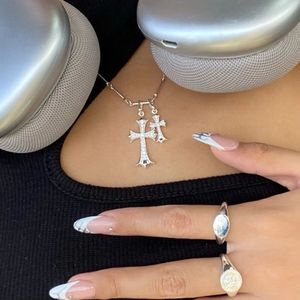 Elegante elegante Sier bambú dos cruces colgante collar 44 + 5cm cadena de eslabones circón piedra principal joyería religiosa regalo para mujeres - Product Image 4