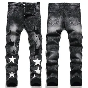 Jeans desainer ramping pria, Jeans Denim dilapisi hitam merek terkenal Hip-hop jalanan kualitas tinggi