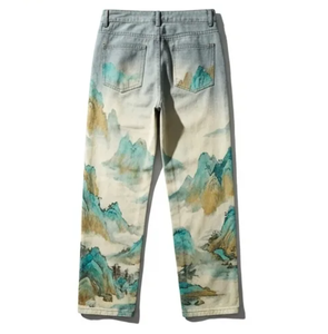 Jeans WangSheng para Hombre con Estampado de Montañas Verdes Estilo Paisaje Chino, Lavado Azul Claro, Cintura Alta, Pierna Ancha, Estilo Vintage - Product Image 4
