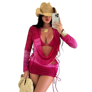 Set Bikini 4 Pezzi <span class=keywords><strong>da</strong></span> Donna Sexy Stile Europeo Traspirante con Scollo <span class=keywords><strong>a</strong></span> V, <span class=keywords><strong>Slip</strong></span> Brasiliano e Vestito <span class=keywords><strong>da</strong></span> Spiaggia <span class=keywords><strong>a</strong></span> Maniche Lunghe - Product Image 1