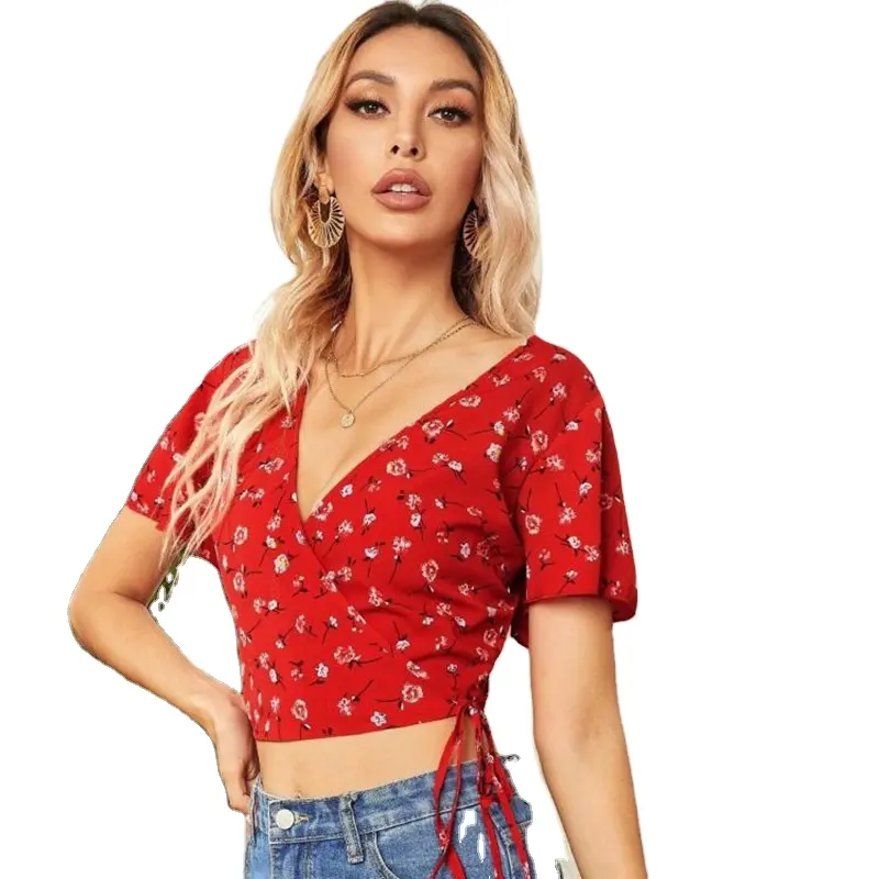 Woman Chiffon Deep V Neck Short Sleeved Sexy Floral Casual Elegant Blouse Ladies Crop Tops