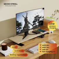 Computermonitorstandaard, gemaakt van massief hout, met draadloos opladen, snel opladen en USB 3.0-uitbreiding