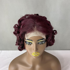 Perruque couleur vin # Perruque à lacet avec fermeture bouclée en ressort 99J, prix de gros, 8 pouces, 4x4 transparente, 100% cheveux humains, 170 grammes, 12A - Product Image 2
