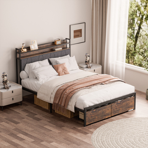 Lit rembourré avec rangement sous le lit et station de charge intégrée dans la tête de lit pour hôtel, appartement, commande en gros, OEM, ODM, directement de l'usine - Product Image 1