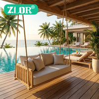 Lit suspendu d'extérieur Zlor en teck massif, style moderne et luxueux, avec coussins imperméables, mousse haute densité durable, respectueux de l'environnement, pour le jardin