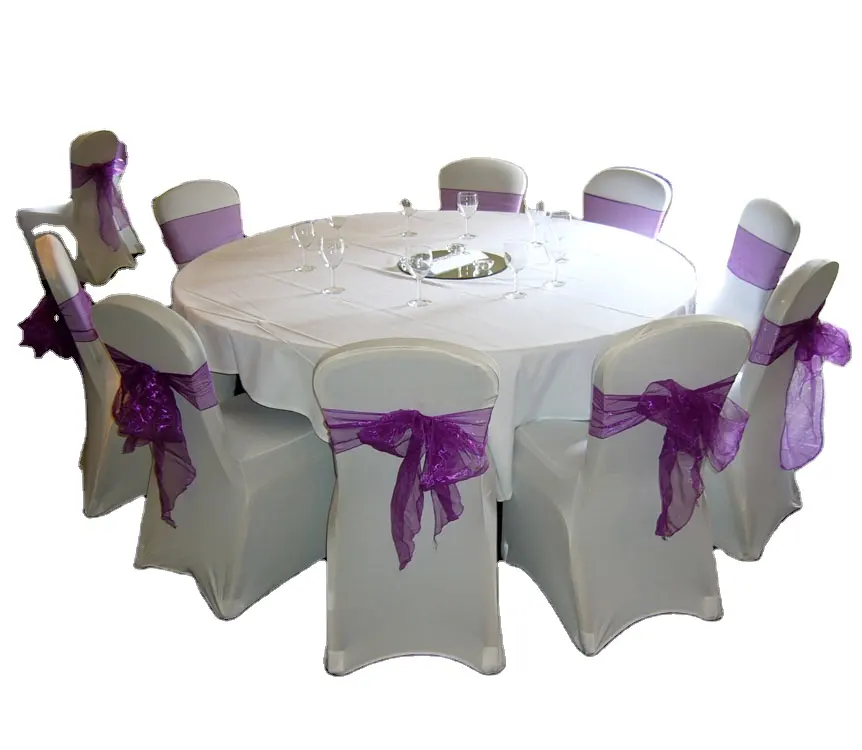 Cubierta de asiento de banquete elástica de nailon teñido liso blanco nieve paños para sillas con fajas de Organza