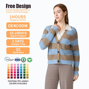 Fabricant de tricots, vêtements de créateurs sur mesure de haute qualité, pull d'hiver à col en V pour femme, cardigan rayé, pull pour femme - Product Image 2