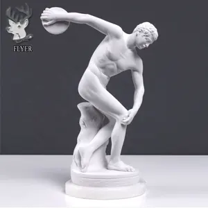 Escultura em pedra de Discobolus para decoração, homem nu em mármore branco grande, estátua de atletas