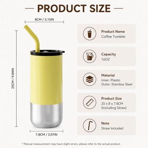 Promotional Gift 16oz Stainless Steel Outer <b>Plastic</b> Inner Stainless Steel Tumbler With Straw Travel Coffee Cup Custom Logo - Product Image 3