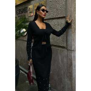 Vestido de Noche Elegante Ferry Pearl, Cuello en V, Tejido de Punto, Manga Larga con Perlas, Color Negro - Product Image 6