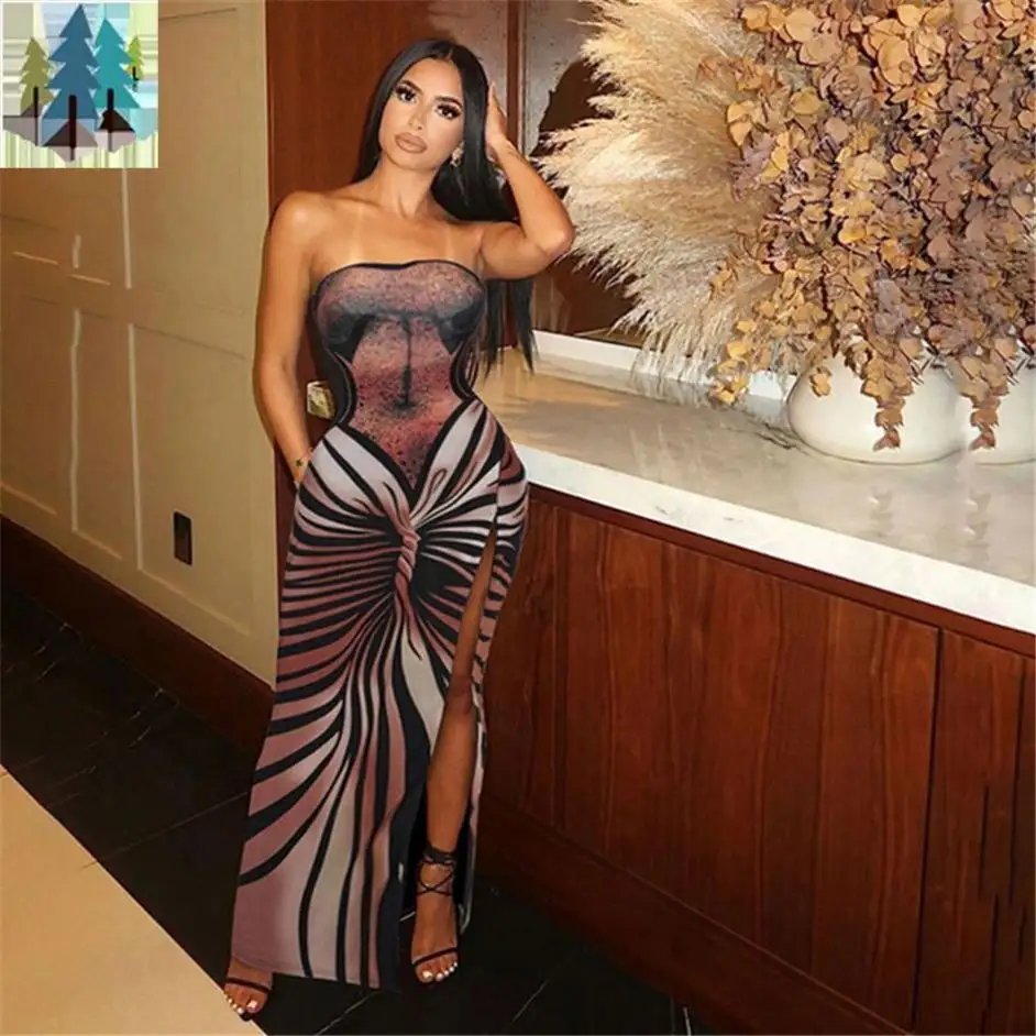 Women Sexy Off Shoulder Tube Top Maxi Dress Female Animal Pattern Backless Split Party Dresses