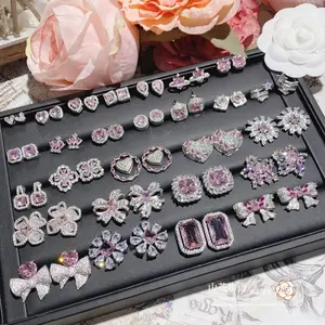 New Design Pink Cubic Zirconia Bow Heart Flower Earrings Popular Big Diamond Heart Square Stud Earrings