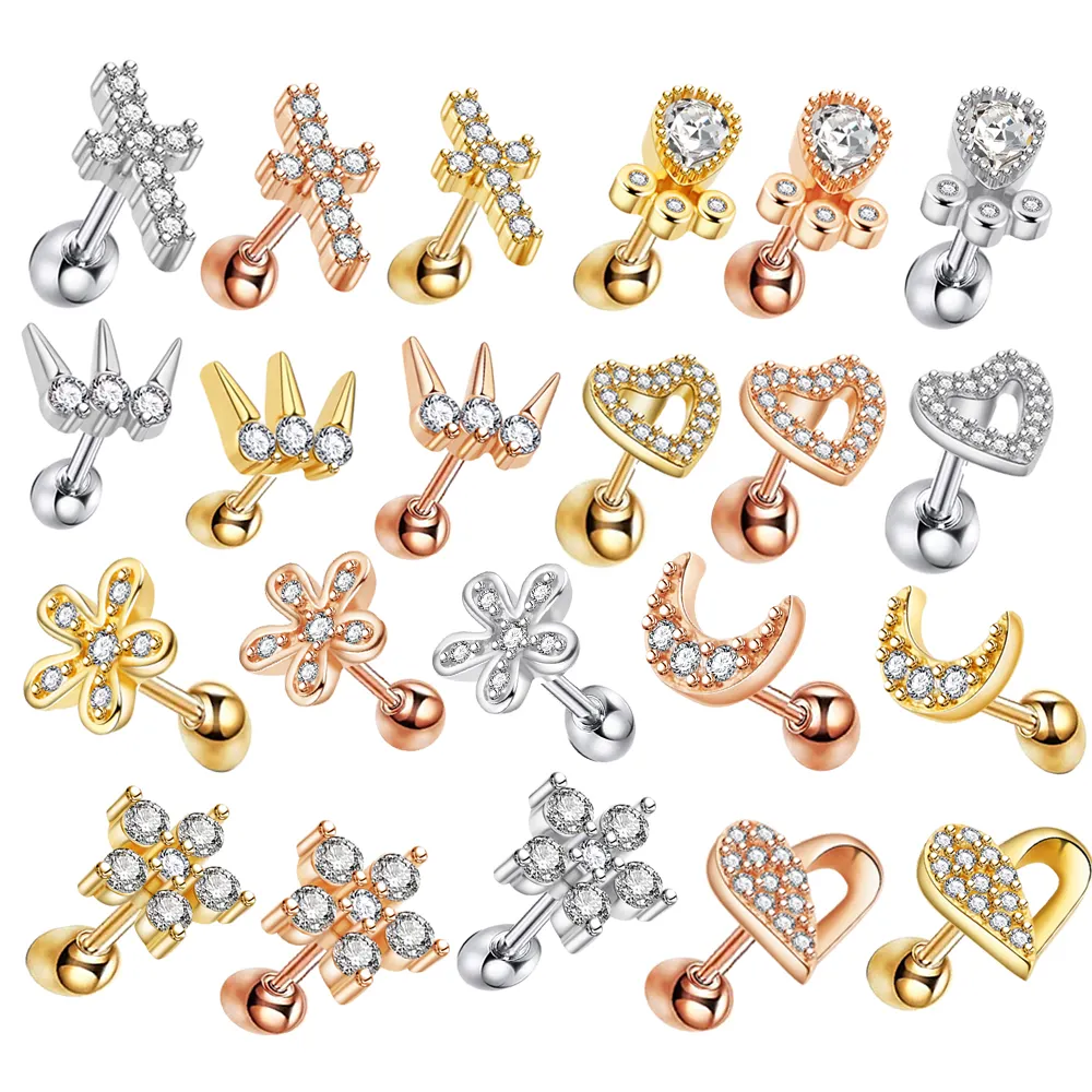 Mix Styles 16g Tragus Helix Earrings Ear Cartilage Earrings Stud Body Piercings Jewelry Stainless Steel for Women Girls 20pcs