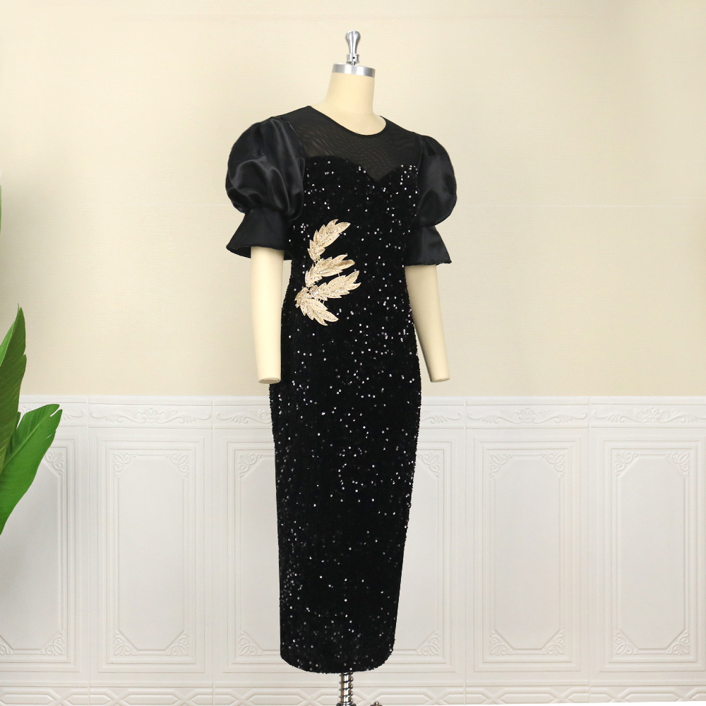 Long Black Classy Embroidered Sequined Puff Sleeve Dress