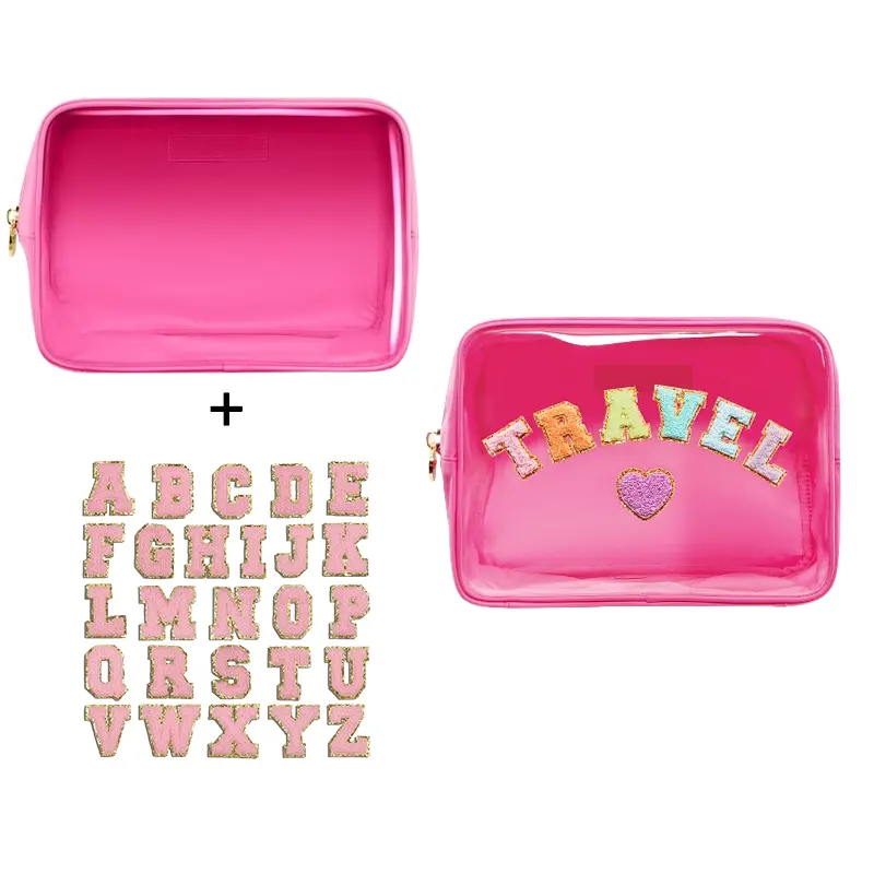 Low Moq Custom Patches Letters Clear Front Large Pouch Travel PVC Cosmetic Makeup Bag