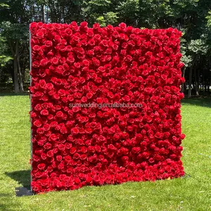 Sunwedding משי 3D מלאכותי פרח קיר לחתונה קישוט בד חזרה להפשיל אדום עלה פרח קיר