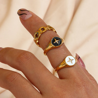 Anneaux de doigt pour femmes en acier inoxydable rétro chic INS, anneau à disque de boussole à huile tombante, émail noir et coquille de cauris blanche, plaqué or 18 carats