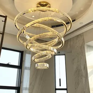 Küre Modern lüks parlaklık kapalı otel cam Led çelik yuvarlak daire yüzük altın kristal avize kolye ışık tavan lambası
