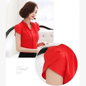 Blusa de Gasa de Verano para <span class=keywords><strong>Mujer</strong></span> de Manga Corta y Cuello en V, <span class=keywords><strong>Camisas</strong></span> Rojas de Oficina para Dama, <span class=keywords><strong>Tallas</strong></span> <span class=keywords><strong>Grandes</strong></span>, Ropa de Trabajo Casual - Product Image 6
