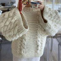OEM-Strickwarenhersteller Damen Handgestrickter Pullover Maßgefertigter Oversized Rundhals Baumwoll-Zopfstrick-Pullover für Damen