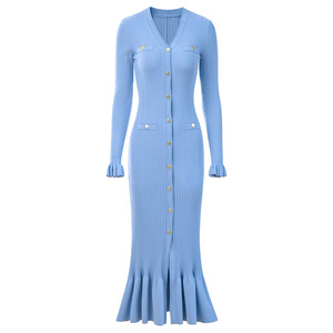Abito Elegante da Donna Autunno-Inverno, Nuovo Modello con Scollo a V, Maniche Lunghe, <span class=keywords><strong>Blu</strong></span> e Nero, con Volant, Slim Fit in <span class=keywords><strong>Maglia</strong></span> - Product Image 1