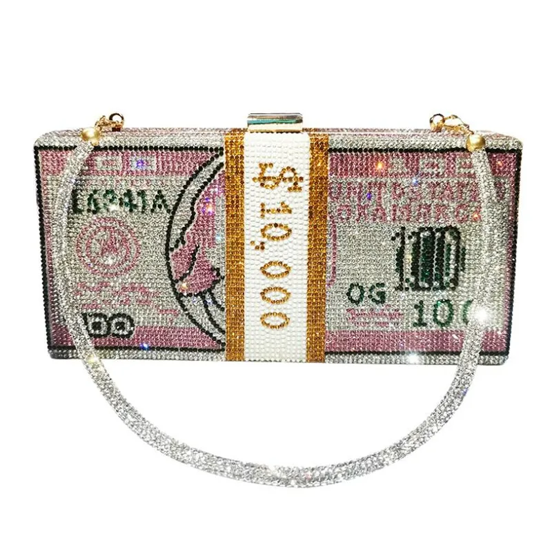Moda Rosa 100 dólares bolsa de cristal brillante bolso rhinestone bling bolsa de dinero con bling correa de cadena para las mujeres bolso
