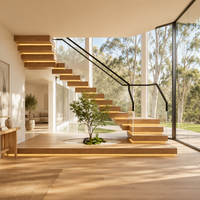 Escalier droit flottant moderne avec marches en acier inoxydable et en bois, garde-corps en verre, écologique et durable pour l'intérieur des villas