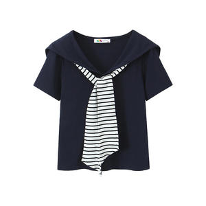 Top de Punto con Rayas Blancas y Azul Marino Happy Plus, Manga Corta, para Mujer, Talla Grande, Informal, Color Sólido, Efecto Dos Piezas, N9530 - Product Image 2