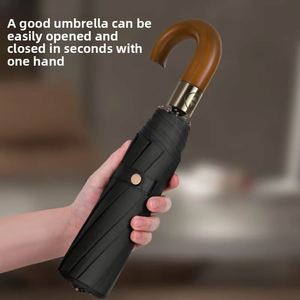 Parapluie de voyage pliable promotionnel personnalisé avec logo, imprimé, portable, 3 sections, protection solaire automatique, poignée en bois en J - Product Image 1