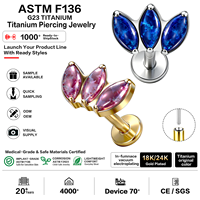 Piercing Labret en Titane ASTM F136 G23 avec 3 Opales Marquise, sans filetage, à poussoir, pour Hélix, Tragus, Conch, Cartilage, plaqué or 18K