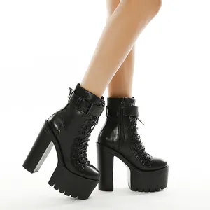 新款冬季女靴朋克风格拉链黑色鞋方跟平台女孩厚实高跟鞋