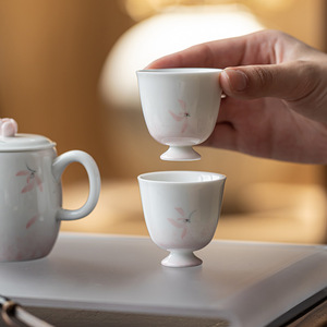 Guanlan Ceramics Hand Painted Small Teacup Porcelain Round Stemmed Tasting Cup For Kung Fu <b>Tea</b> <b>Set</b> With Pink Orchid Design - Product Image 1
