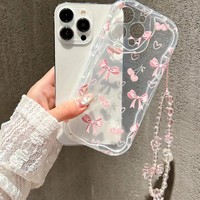 Coque de téléphone transparente avec nœud, cerise et cœur pour iPhone 17 16 15 14 13 12 11 Pro Max – Housse de luxe avec bracelet