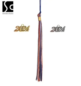 2024 Forest Green/old Gold 2 Color Graduation Cap Tassel Pendant With Year Plate Academic Tassels With Charm