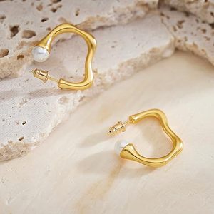 Boucles d'oreilles créoles géométriques en forme de C plaquées or avec incrustation de perles pour femmes, à porter au quotidien - Product Image 2