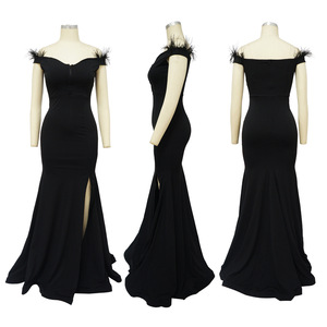 أحدث تصميم الموضة فساتين الديكور الريش للنساء فساتين السهرة فتحة رقبة حرف V بلا أكمام فستان زفاف حورية البحر - Product Image 5